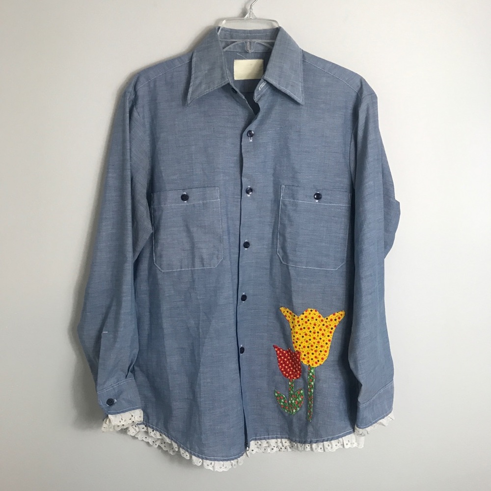 Vintage Button Front Shirt-Patchwork Butterfly-Med - image 1